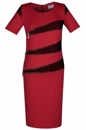 Вталена червена рокля с къс ръкав декорация тюл и ципове