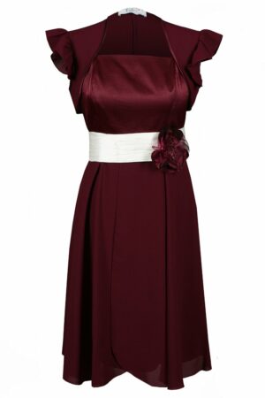 Ефирна рокля в бордо с тънки презрамки и цвете на талията в комплект с болеро