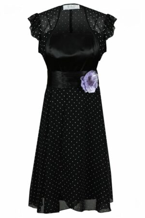 Ефирна черна рокля на бели точки с тънки презрамки и цвете на талията в комплект с болеро
