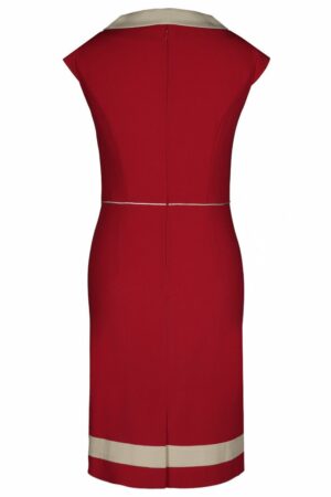 Елегантна вталена рокля с обърната яка в червено и бежово