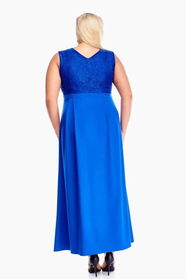 Дълга разкроена рокля без ръкав в наситено синьо - декорация дантела