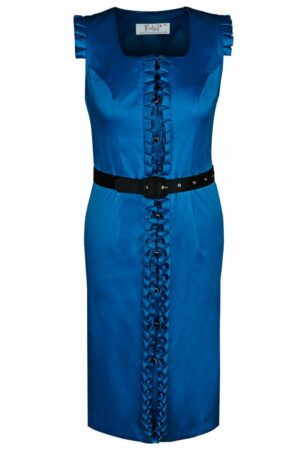 Синя сатенена рокля без ръкав с къдрици и колан