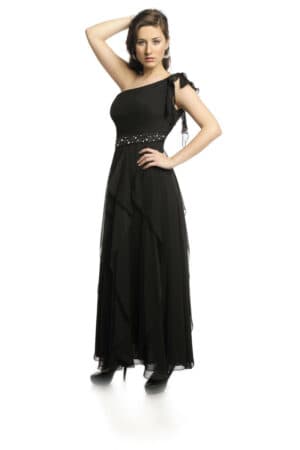 Черна рокля от шифон на волани с едно рамо