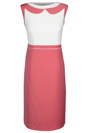 Вталена рокля без ръкав в бяло и коралово розово