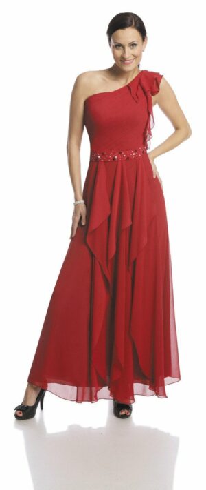 Тъмно червена рокля от шифон на волани с едно рамо
