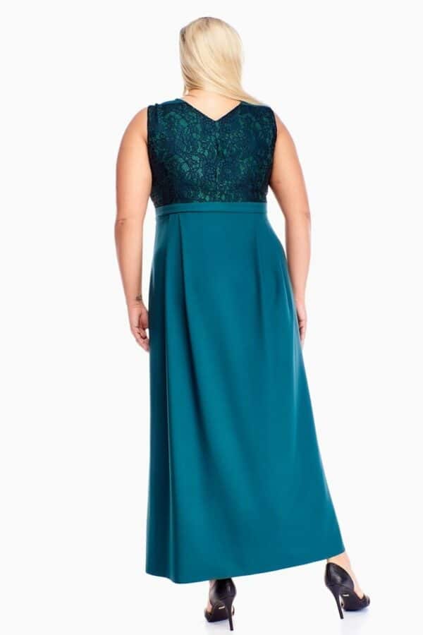 Дълга разкроена рокля без ръкав в тъмно зелено - декорация дантела