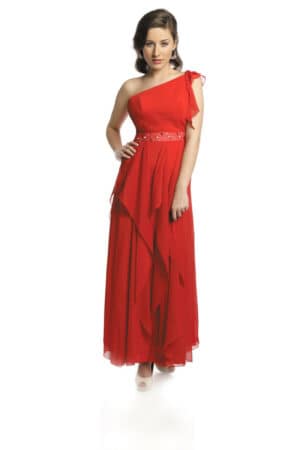 Червена рокля от шифон на волани с едно рамо
