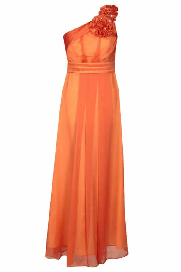 Дълга официална рокля от шифон в светло оранжево с едно рамо
