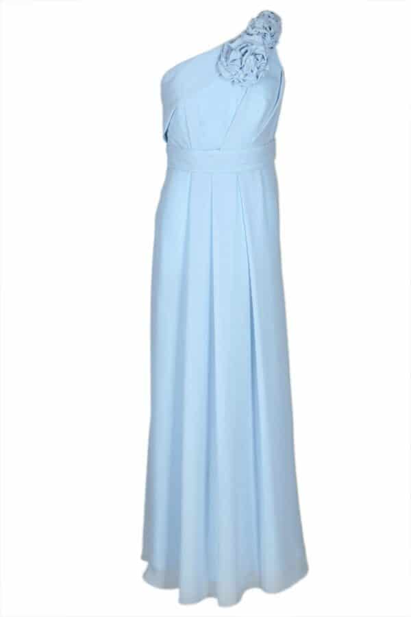 Дълга официална рокля от шифон с едно рамо  - цвят небесно синьо