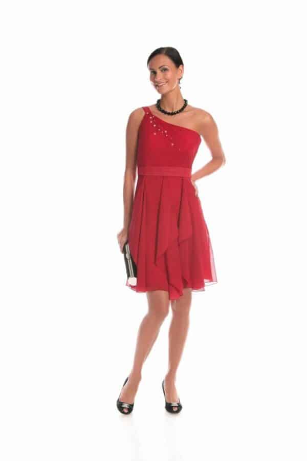Червена къса рокля от шифон с едно рамо - декорация с кристали