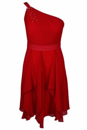 Наситено червена къса рокля от шифон с едно рамо - декорация с кристали