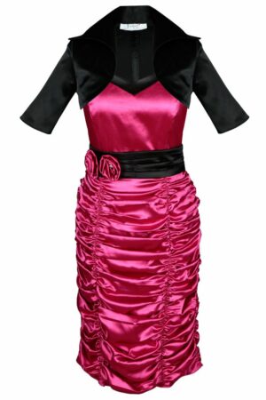Сатенена рокля с болеро и колан с цветя - цикламено розово и черно