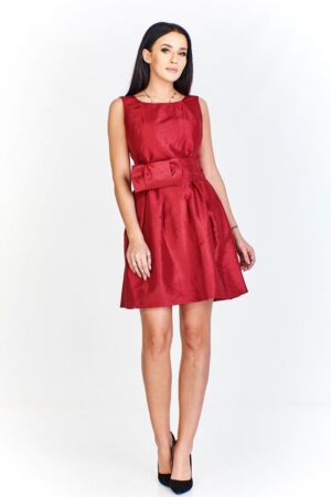 Къса официална рокля от тафта с панделка - рубинено червено