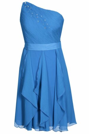 Наситено синя къса рокля от шифон с едно рамо - декорация с кристали