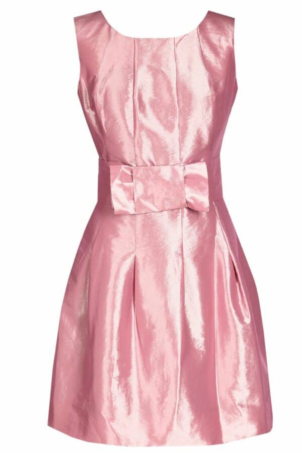 Къса официална рокля от тафта с панделка в розово