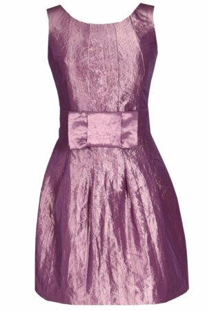 Къса официална рокля от тафта с панделка - тъмно розово
