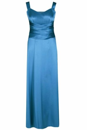 Дълга сатенена рокля с презрамки в цвят лазурно синя