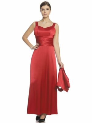 Дълга сатенена рокля с презрамки в цвят наситено червено