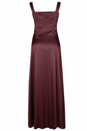 Дълга сатенена рокля с презрамки в цвят бордо