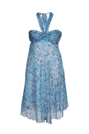 Къса разкроена рокля от шифон с презрамка през врата - цветя в синьо и сиво