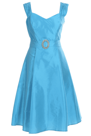 Официална разкроена рокля в синьо с колан с катарама и болеро