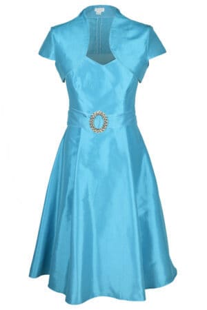 Официална разкроена рокля в синьо с колан с катарама и болеро