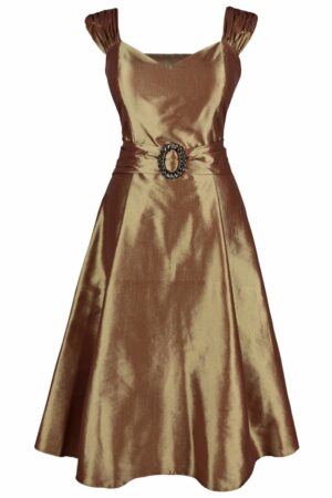 Официална разкроена рокля в златисто с колан с катарама и болеро