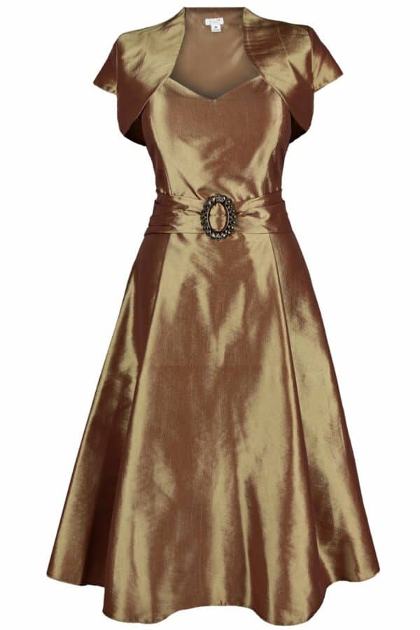 Официална разкроена рокля в златисто с колан с катарама и болеро