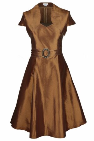 Официална разкроена рокля с колан с катарама и болеро в цвят старо злато