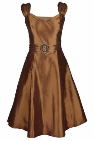 Официална разкроена рокля с колан с катарама и болеро в цвят старо злато