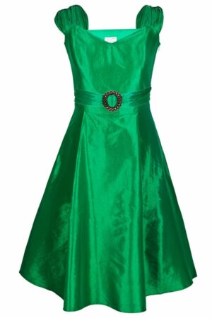 Официална разкроена рокля в зелено с колан с катарама и болеро