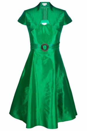 Официална разкроена рокля в зелено с колан с катарама и болеро