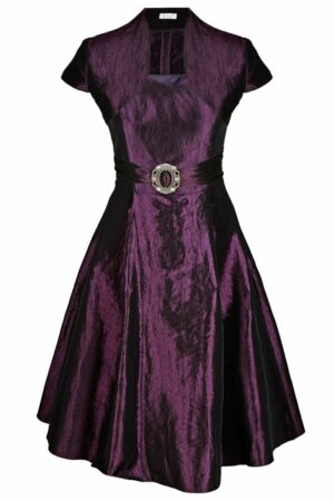 Официална разкроена рокля в тъмно лилаво с колан с катарама и болеро