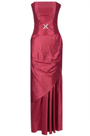 Дълга официална рокля от тафта в рубинено червено с болеро и катарама
