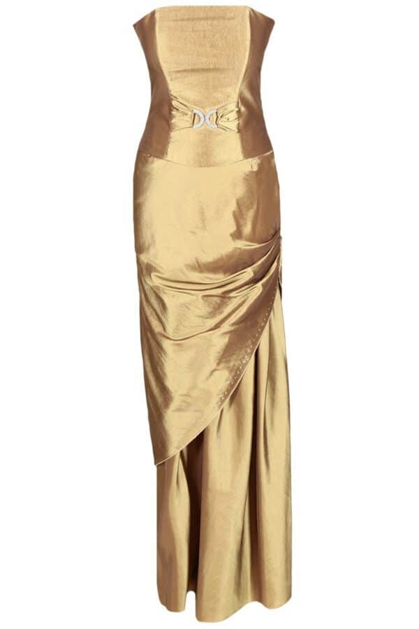 Дълга официална рокля от тафта в цвят старо злато с болеро и катарама
