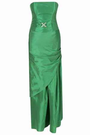 Дълга официална рокля от тафта в зелено с болеро и катарама
