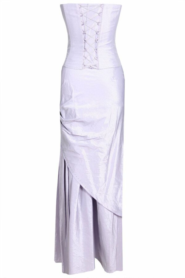 Дълга официална рокля от тафта в бледо лилаво с болеро и катарама