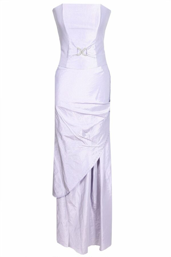 Дълга официална рокля от тафта в бледо лилаво с болеро и катарама