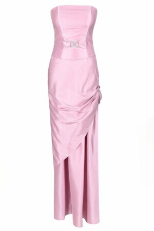 Дълга официална рокля от тафта в бледо розово с болеро и катарама