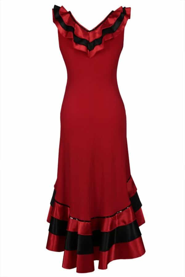 Червена рокля без ръкав със сатенено жабо и къдрици