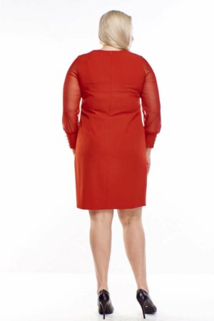 Официална червена рокля с дълги прозрачни ръкави