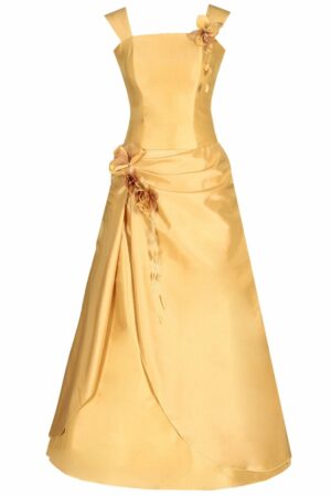 Дълга жълта официална  рокля от тафта с обръч - декорация цветя