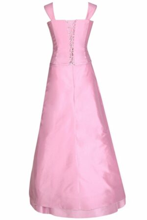 Дълга светло розова официална  рокля от тафта с обръч - декорация цветя