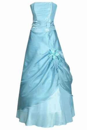 Дълга небесно синя рокля с кринолин и корсет без презрамки- декорация цвете