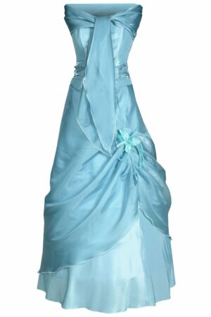 Дълга небесно синя рокля с кринолин и корсет без презрамки- декорация цвете