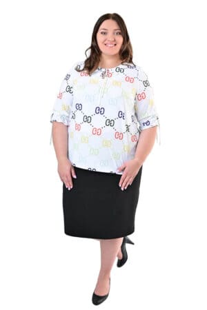 Блуза с 3/4 ръкав и връзки - бяло цветен фигурален принт