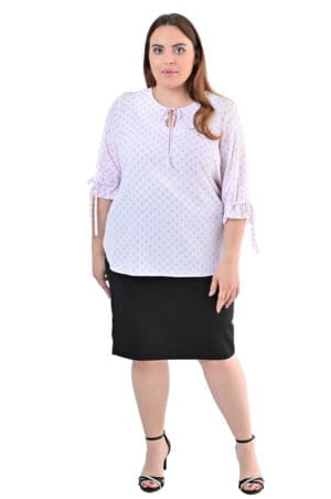 Блуза с 3/4 ръкав и връзки - бяло на розови точки