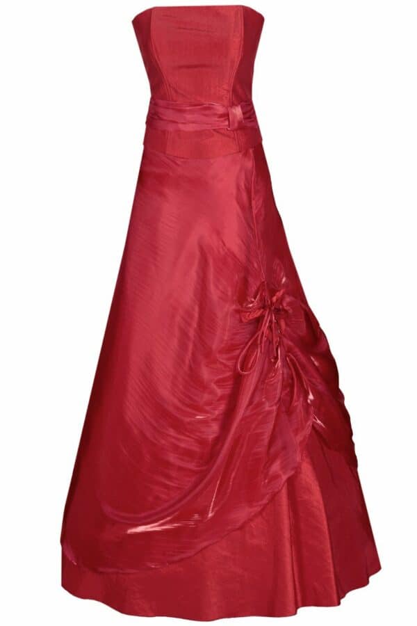 Дълга рокля с кринолин и корсет без презрамки в наситено червено- декорация цвете