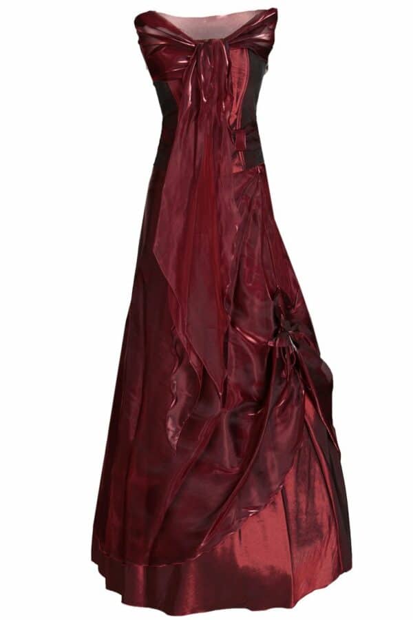 Дълга рокля с кринолин и корсет без презрамки в бордо- декорация цвете