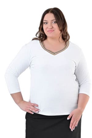 Памучна блуза с остро деколте 1039 - бяло с бежово бие